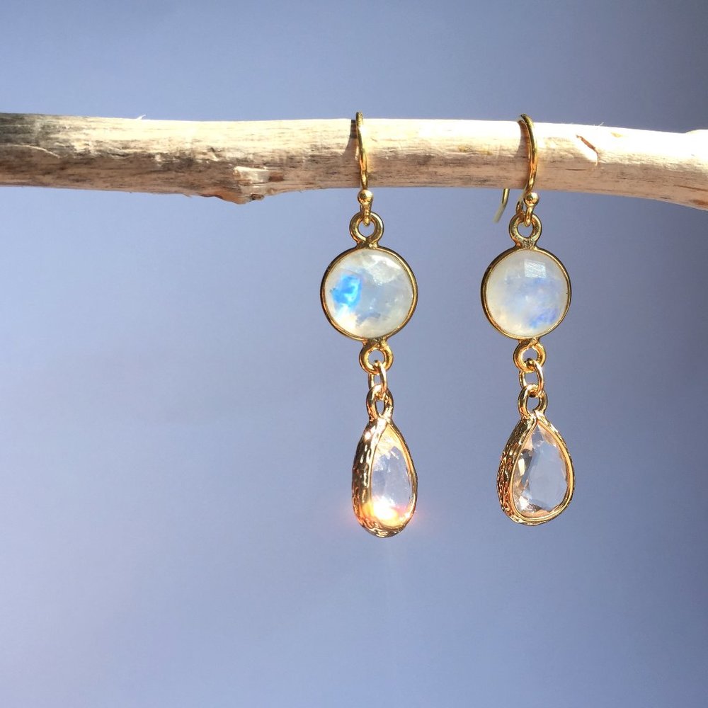 14k gold/sterling Moonstone Crystal drop Earrings